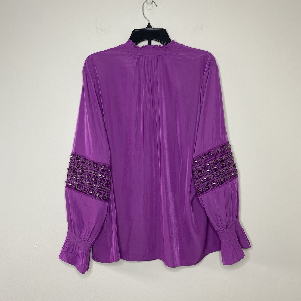 Chico's‎ Blouse 4 XXL Purple Tunic Top Mesh Studded Sleeve Ruffle Cuff V Neck - Picture 9 of 16